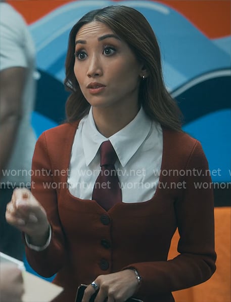 Ali’s red square-neck cardigan on Running Point