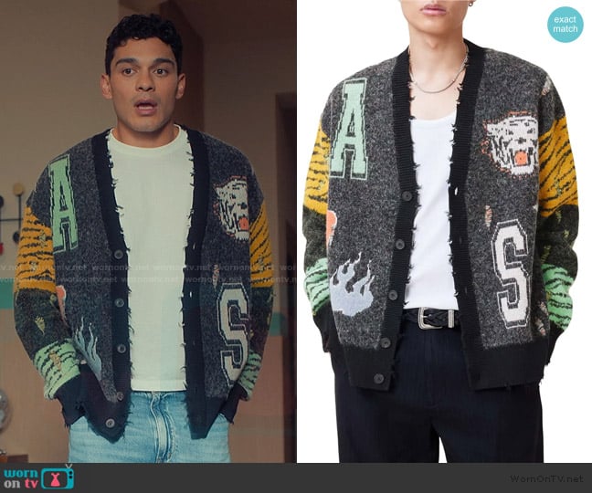 All Saints Akki Distressed Oversize Cardigan worn by Quincy Shabazian (Anthony Keyvan) on XO Kitty