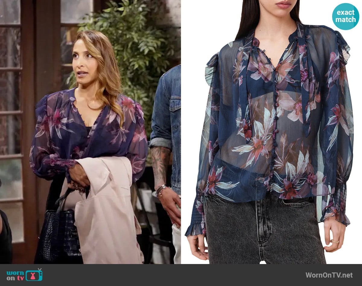 All Saints Lara Shirt in Adena Deep Blue worn by Lily Winters (Christel Khalil) on The Young and the Restless