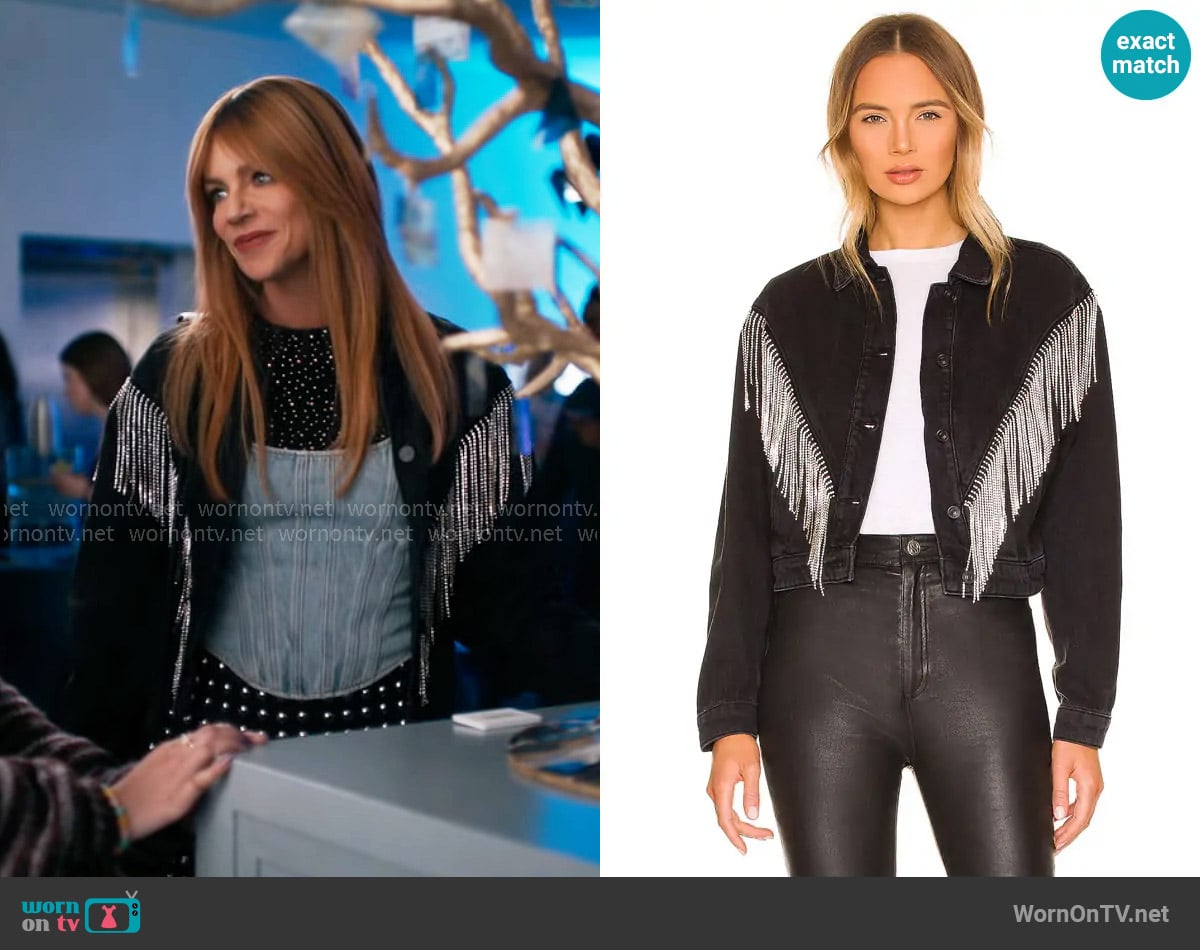 All Saints Marlene Tassel Denim Jacket worn by Morgan Gillory (Kaitlin Olson) on High Potential