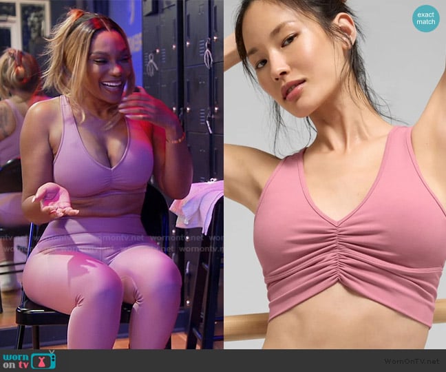 Alo Yoga Wild Thing Bra in Pink Wild Rose worn by Angela Oakley on The Real Housewives of Atlanta