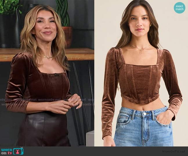 Altar'd State Brown Velvet Corset Top worn by Adrianna Costa on Access Hollywood
