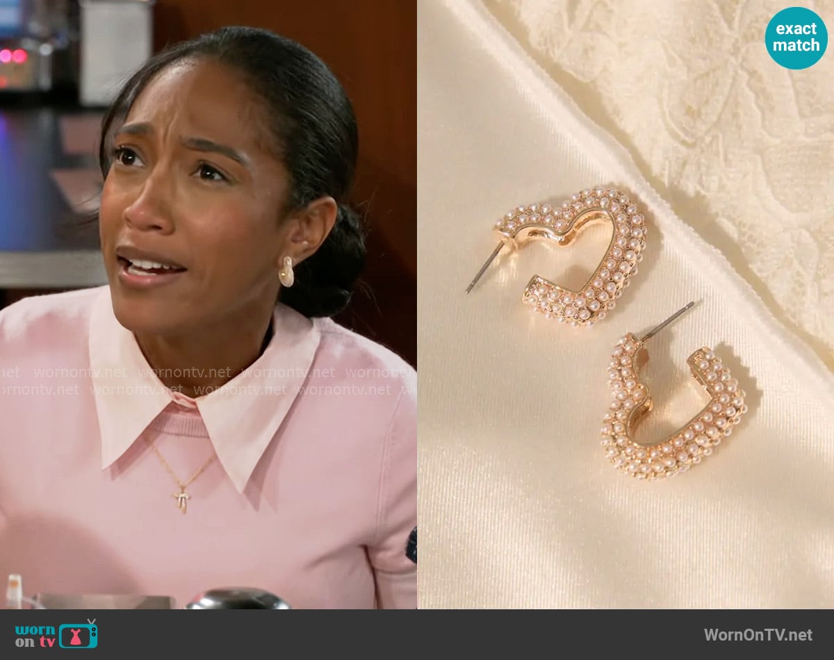 Altar'd State Pearl Heart Mini Hoop worn by Samantha Richardson (Najah Jackson) on Beyond the Gates