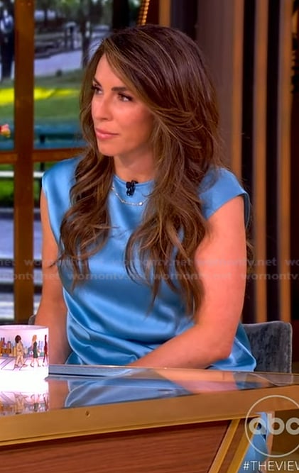 Alyssa’s blue satin top and pants on The View