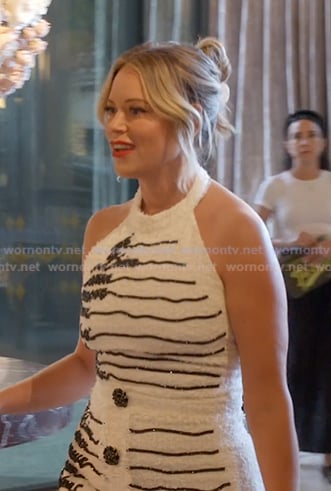 Amanda’s white striped boucle top and mini skirt on The Real Housewives of Beverly Hills