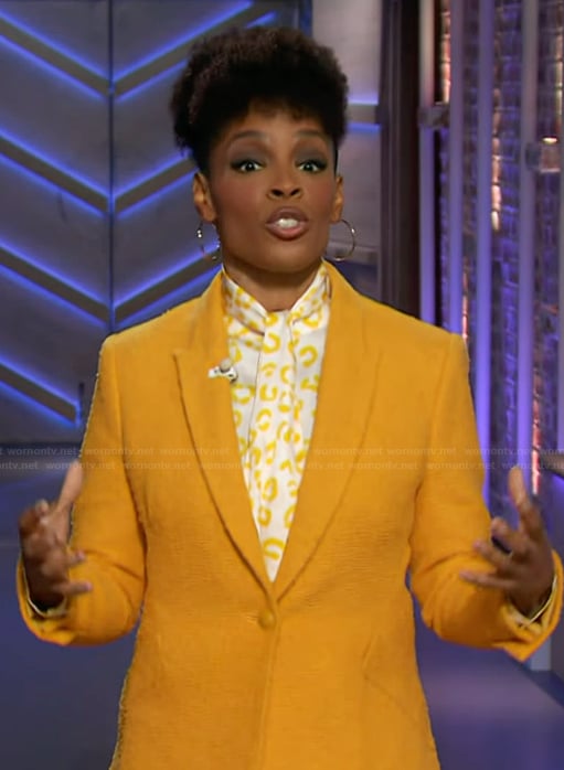 Amber Ruffin’s yellow textured blazer on The Kelly Clarkson Show