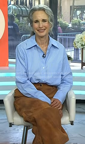 Andie MacDowell’s blue striped shirt and suede pants on Today