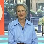 Andie MacDowell’s blue striped shirt and suede pants on Today