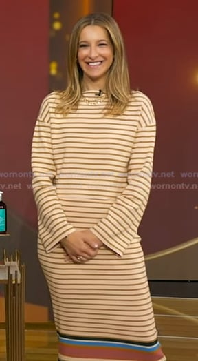 Andrea Lavinthal’s beige striped top and skirt on Good Morning America