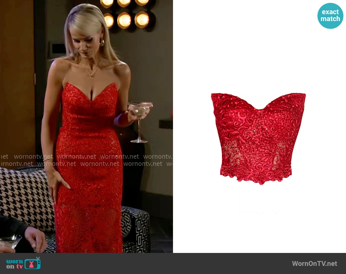 Angelika Jozefczyk Orchidea Lace Corset Top Red worn by Vanessa McBride (Lauren Buglioli) on Beyond the Gates