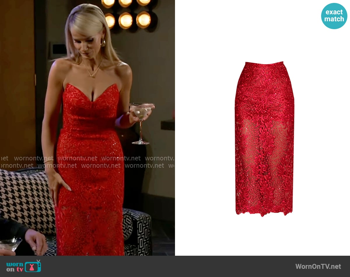 Angelika Jozefczyk Orchidea Lace Skirt Red worn by Vanessa McBride (Lauren Buglioli) on Beyond the Gates