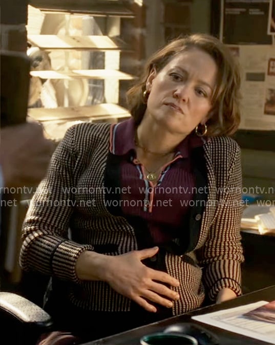 Angie's purple polo top and textured cardigan on Will Trent