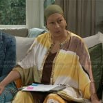 Anita’s yellow and brown printed robe and pants set on Beyond the Gates