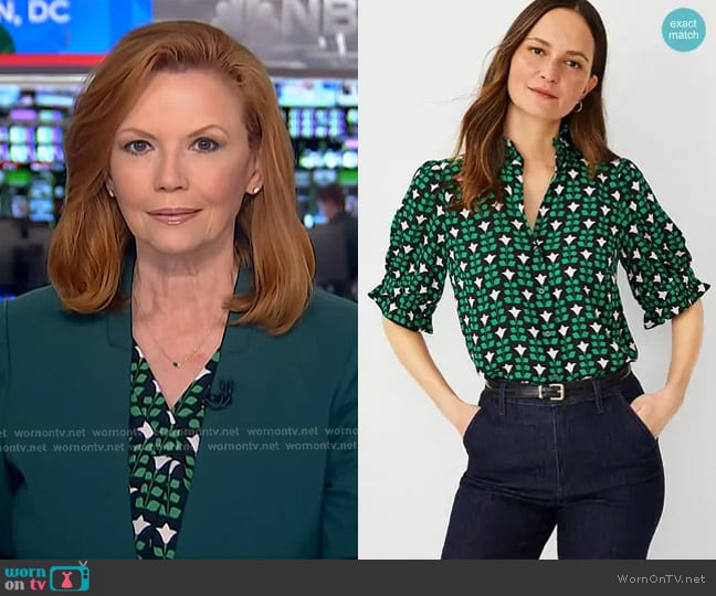 Ann Taylor Floral Tile Ruffle Button Top in Grass Green worn by Kelly O’Donnell on Today