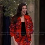 Anne Hathaway's red floral embellished jacket on Live with Kelly and Mark