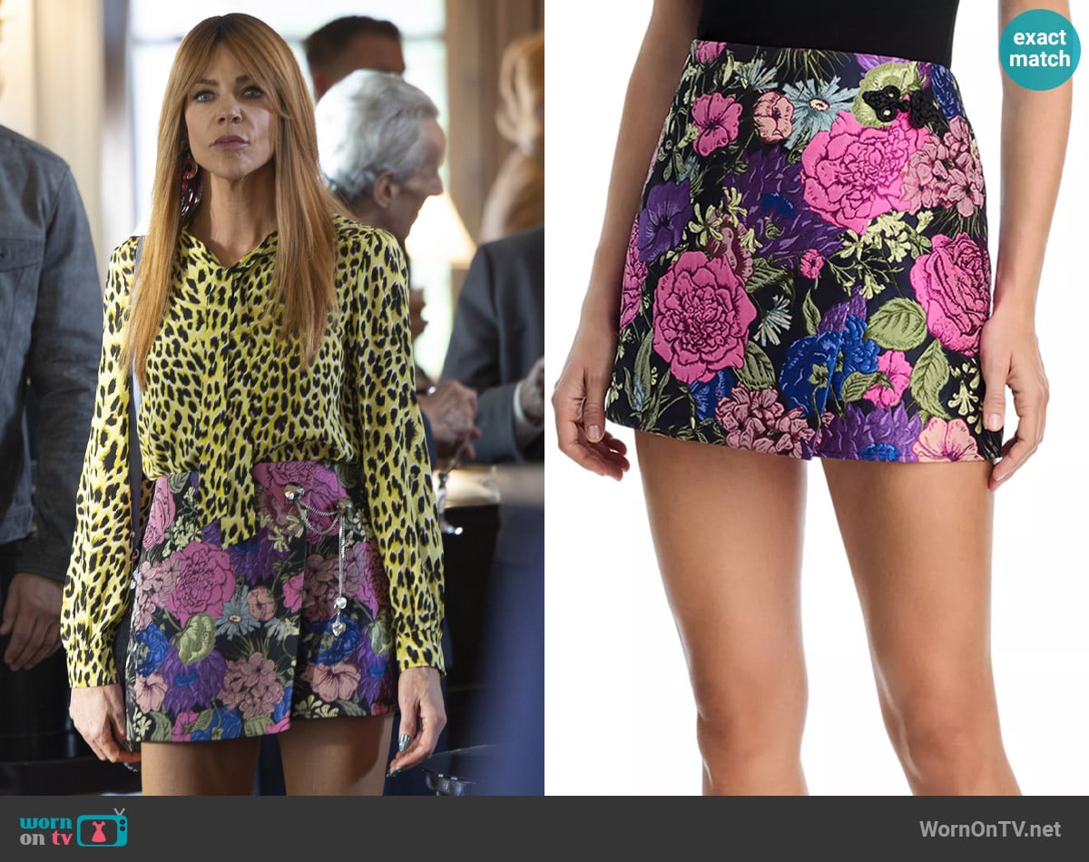 Aqua Floral Brocade Mini Skirt worn by Morgan Gillory (Kaitlin Olson) on High Potential