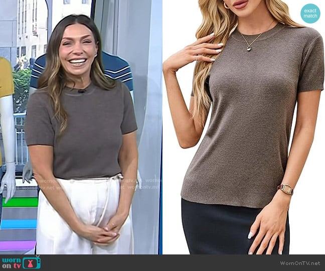 Arach&Cloz Lightweight Wool Blend Short Sleeve in Coffee worn by Melissa Garcia on Today