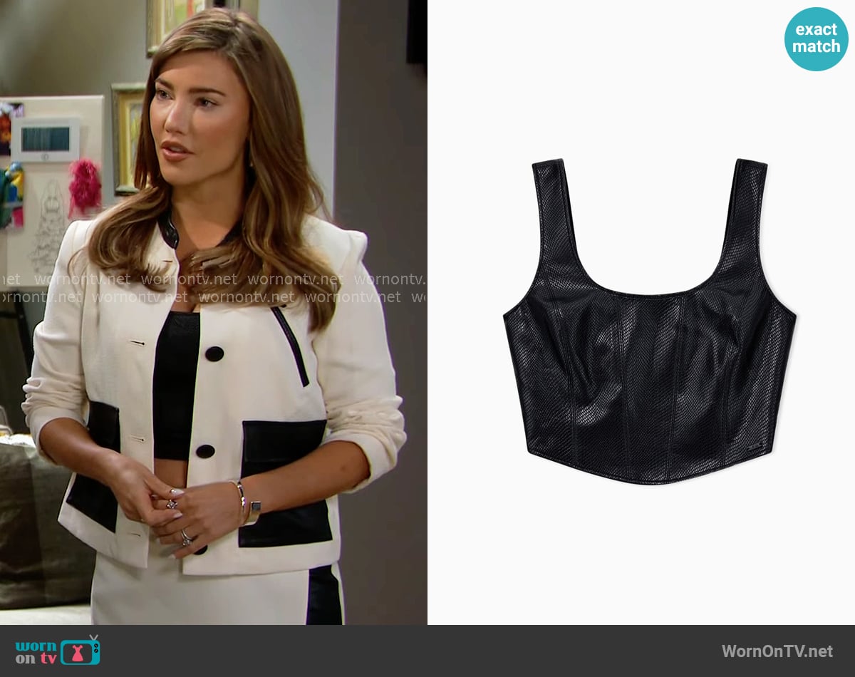 Armani Exchange Faux leather top worn by Steffy Forrester (Jacqueline MacInnes Wood) on The Bold and the Beautiful