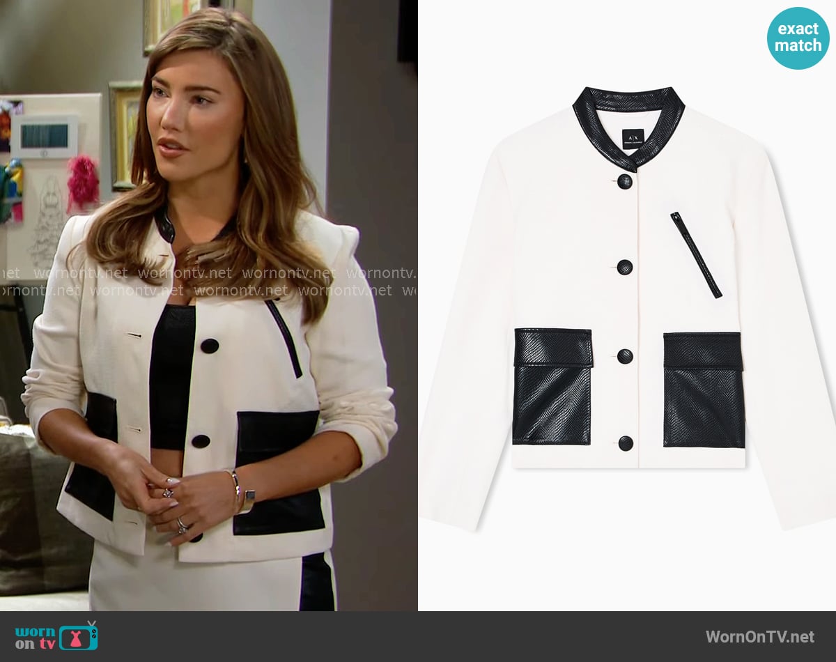 Armani Exchange Short jacket in structured fabric worn by Steffy Forrester (Jacqueline MacInnes Wood) on The Bold and the Beautiful