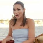 Ashley’s blue crochet knit pants and top on The Real Housewives of Rhode Island