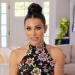 Ashley’s black floral confessional dress on The Real Housewives of Rhode Island