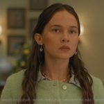 Ashley’s green fuzzy crop cardigan on Beef