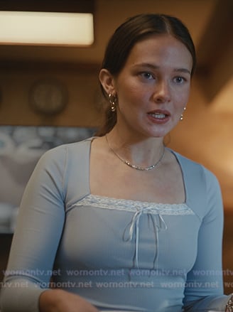 Ashley’s blue square neck top on Beef