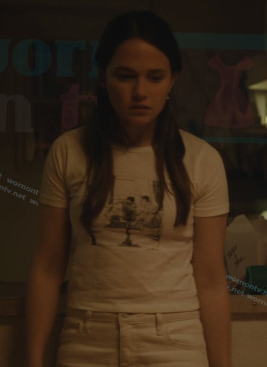 Ashley's white graphic tee on Beef