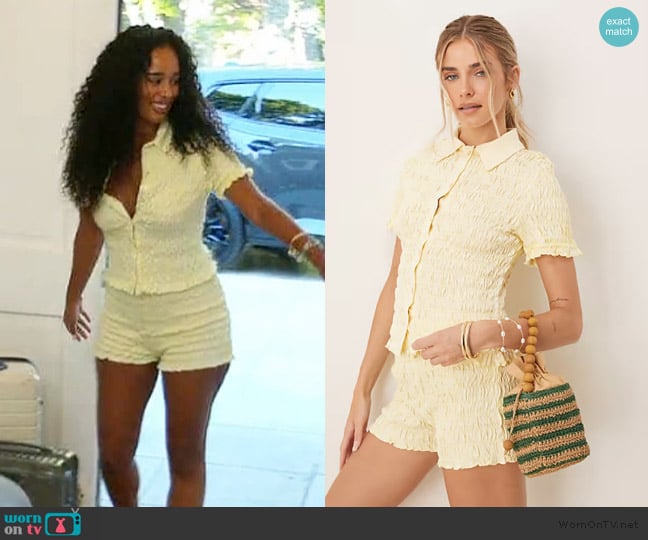 ASOS Shirred detail micro shorts in washed cream worn by Mia Calabrese on Summer House