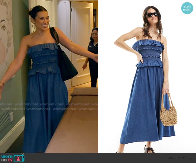 ASOS Soft denim maxi dress with frill detail in mid blue worn by Ashley Iaconetti on The Real Housewives of Rhode Island