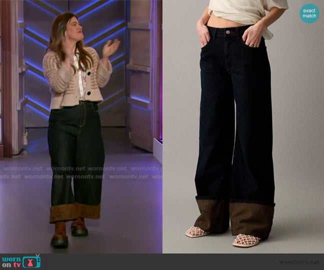 ASOS Wide leg jeans with extreme cuffed hems in indigo with brown tint worn by Kelly Clarkson on The Kelly Clarkson Show