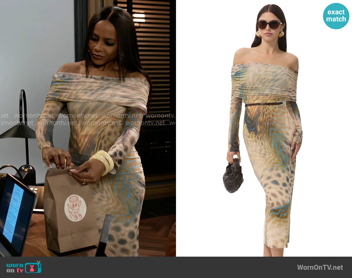 Hayley’s animal print off-shoulder dress on Beyond the Gates