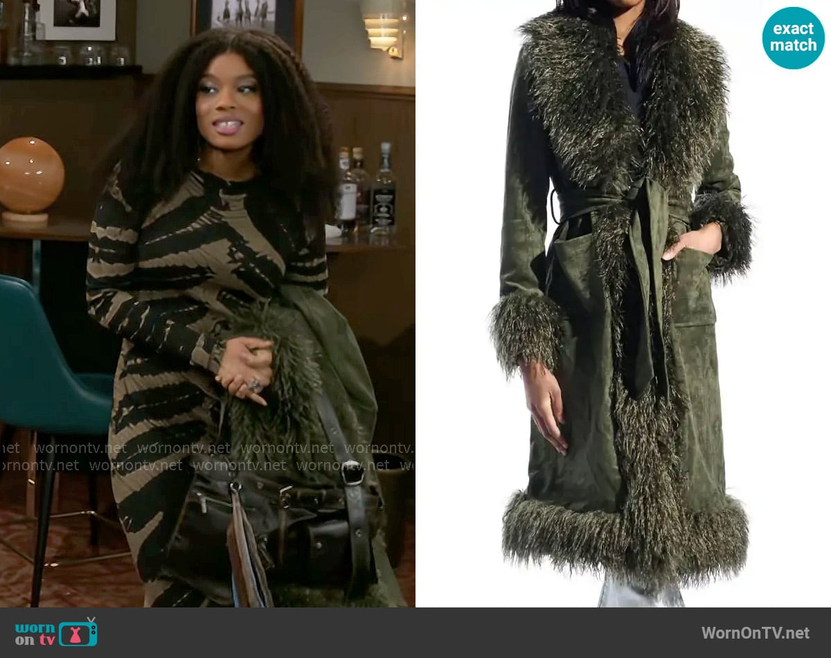 Azalea Wang Belted Faux Suede Coat with Faux Fur Trim worn by Eva Thomas (Ambyr Michelle) on Beyond the Gates