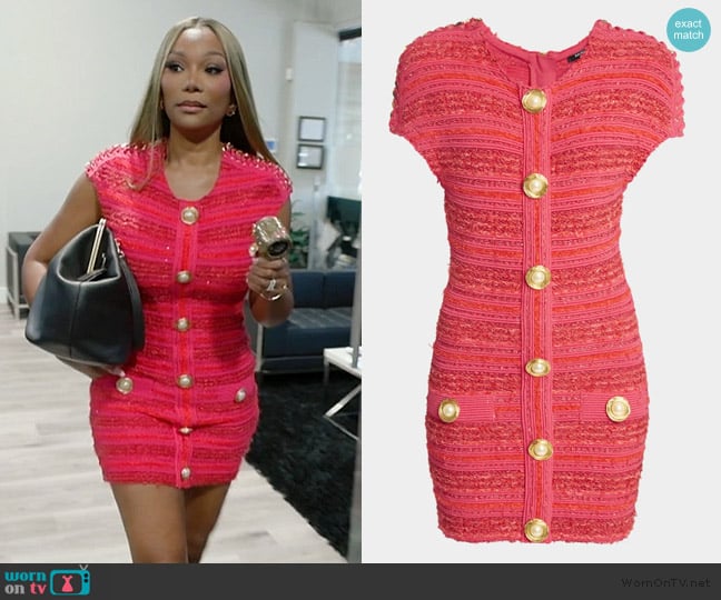 Balmain Chain Short-Sleeve Tweed Mini Dress worn by Angela Oakley on The Real Housewives of Atlanta