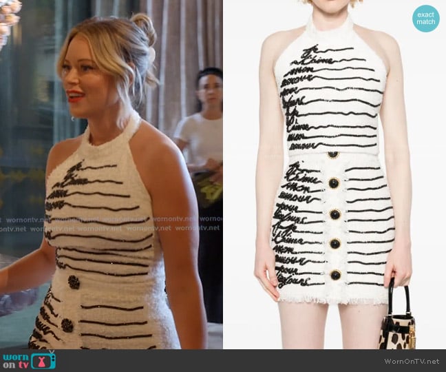 Balmain Love Letter-embroidered Tweed Top in White worn by Amanda Frances on The Real Housewives of Beverly Hills