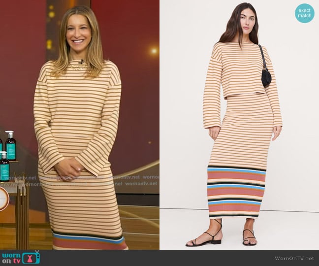Andrea Lavinthal’s beige striped skirt on GMA