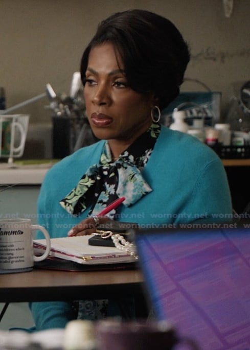 Barbara's floral tie neck blouse on Abbott Elementary