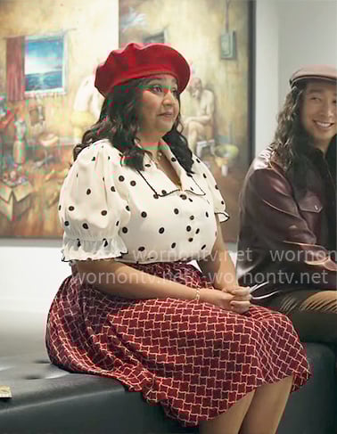 Bela’s polka dot top and red printed skirt on Ghosts