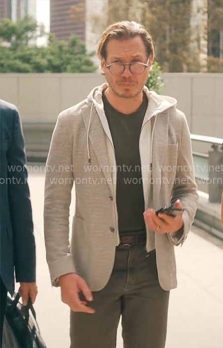 Benny's grey hoodie blazer on Running Point