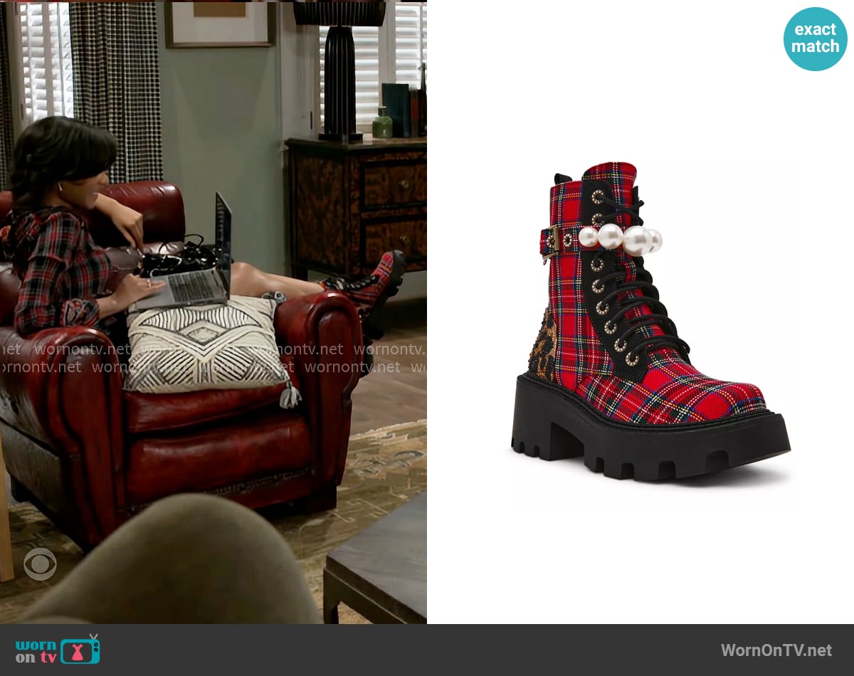 Betsey Johnson Jonnie Embellished Combat Booties in Red Plaid worn by Jessica Harris (Camryn Jade) on Beyond the Gates