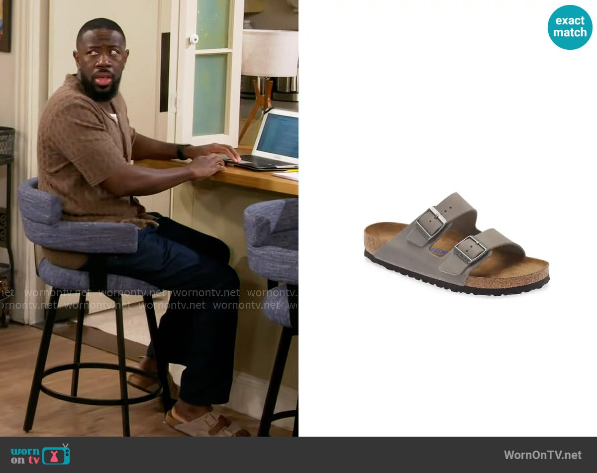 Birkenstock Arizona Slide in Iron Oiled Leather worn by Malcom (Sheaun McKinney) on The Neighborhood