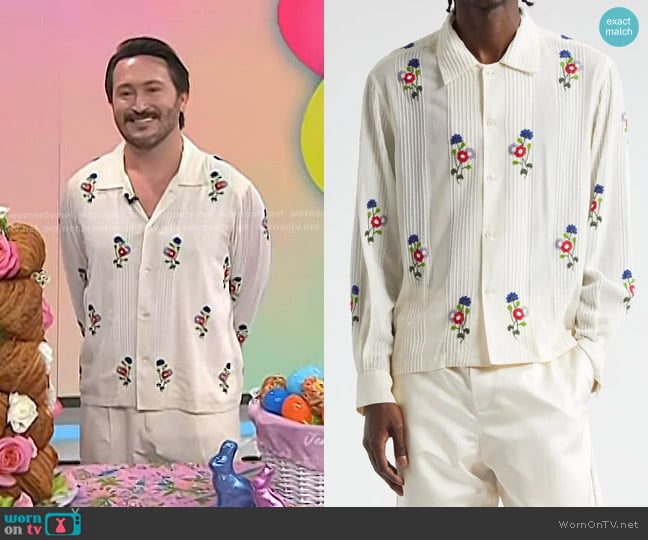 Bode Beaded Wildflower Shirt in White Multi worn by Jove Meyer on Today