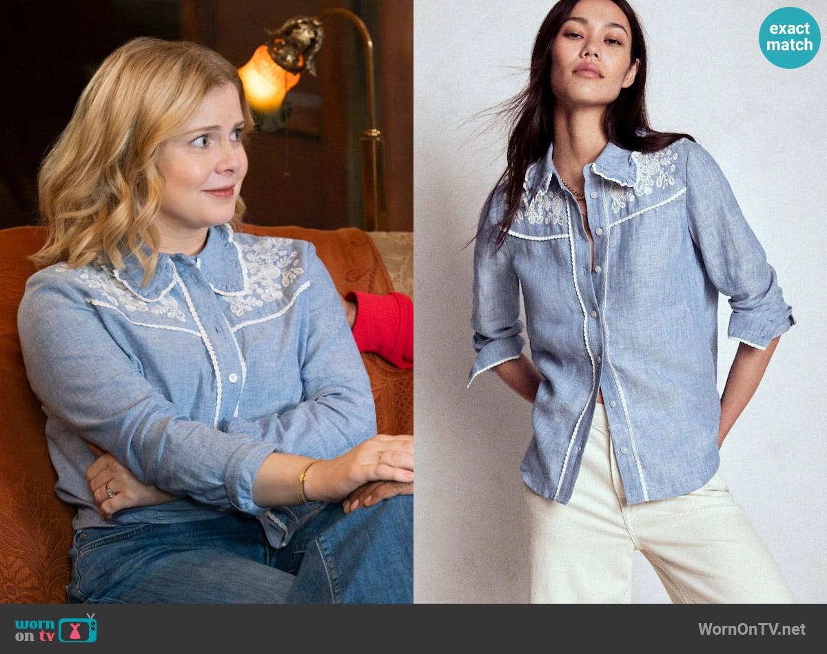 Boden Sienna Western Shirt in Chambray worn by Sam (Rose McIver) on Ghosts