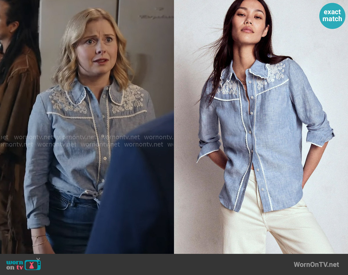 Boden Sienna Western Shirt in Chambray worn by Sam (Rose McIver) on Ghosts