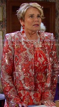 Bonnie's pink print tiered dress and sequin jacket on Days of our Lives