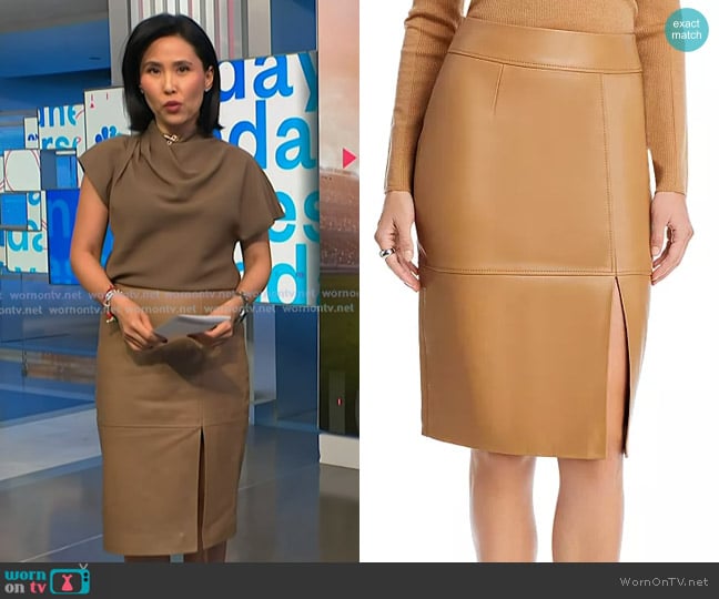 Boss Setora Leather Pencil Skirt in Iconic Camel worn by Vicky Nguyen on NBC News Daily