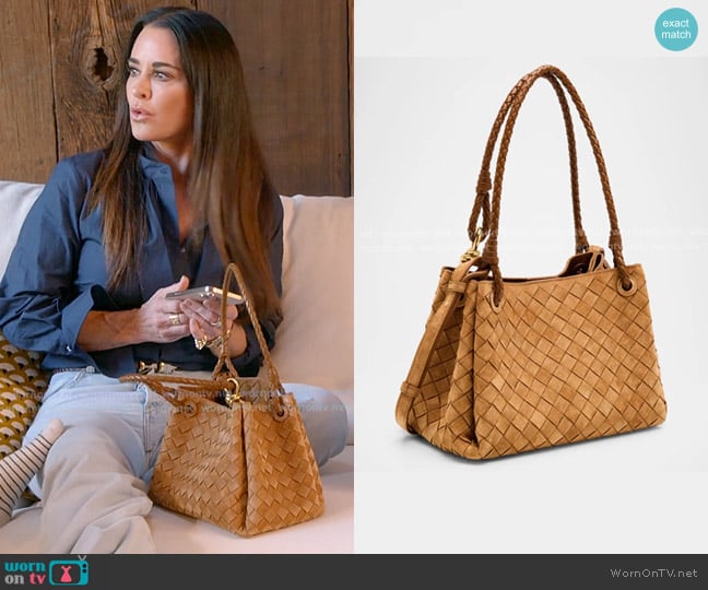 Bottega Veneta Parachute Suede Intrecciato Shoulder Bag worn by Kyle Richards on The Real Housewives of Beverly Hills