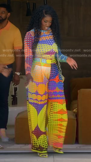 Bozoma's polka dot mesh top and pants on The Real Housewives of Beverly Hills