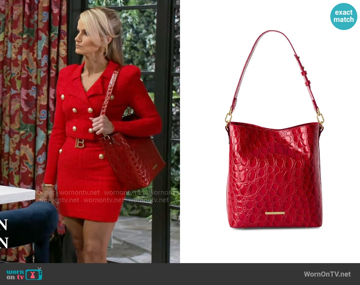 Brahmin Celina Croc Embossed Leather Bucket Bag worn by Vanessa McBride (Lauren Buglioli) on Beyond the Gates