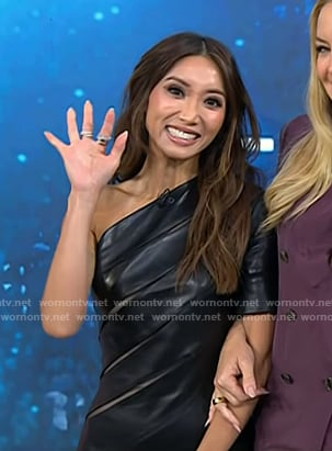 Brenda Song’s black one-shoulder leather dress on Today